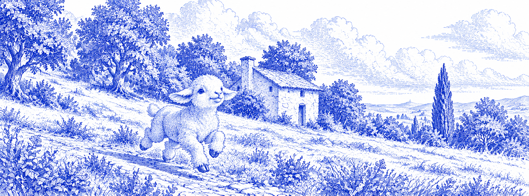 A blue-and-white line drawing of a lamb in a Greek landscape